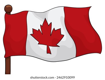 Canadian flag isolated with black and white triband and maple leaf hoisted on wooden flagpole. Cartoon style design.