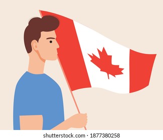 Canadian with flag isolated. Flat vector stock illustration. Patriot Canadian. Canadian Independence Day concept, Canadian flag. Patriotism in Canada. Illustration of a citizen with a national flag