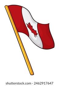 Canadian flag isolated hoisted on golden flagpole in cartoon style.