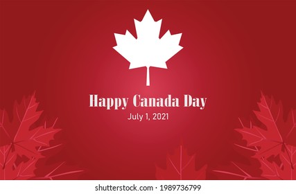 Canadian flag logo for National Day celebration with Happy Canada Day inscription and letters. Red background with white maple in the center for first July of Canadian celebration