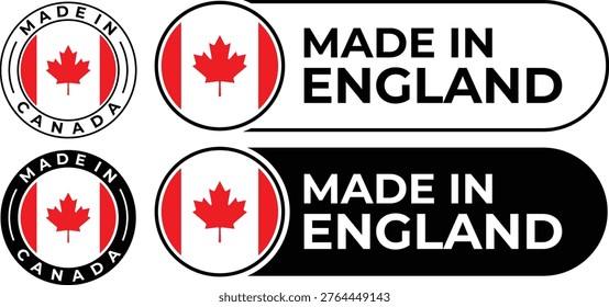 Canadian flag Made In labels set with Made In Canada and Made In England text