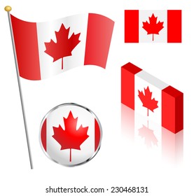 Canadian Flag On A Pole, Badge And Isometric Designs Vector Illustration. 