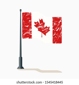 Canadian flag with scratches, vector flag of Canada, Canada flag waving on flagpole with shadow.
