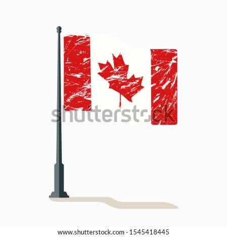 Canadian flag with scratches, vector flag of Canada, Canada flag waving on flagpole with shadow.
