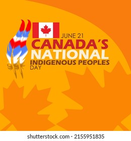 Canadian flag and some feathers with bold texts on light brown background, Canada's National Indigenous Peoples Day June 21