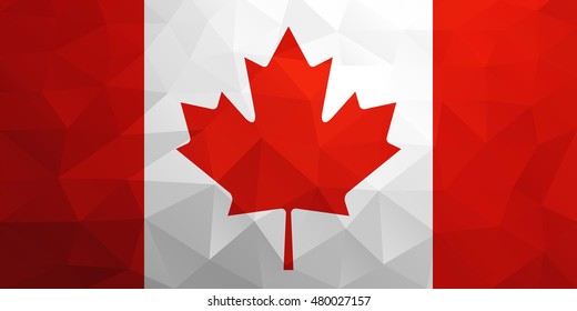 Canadian flag in triangular design. Red maple leaf with strips. Vector illustration. National political symbol of Canada. Banner in trendy modern style.