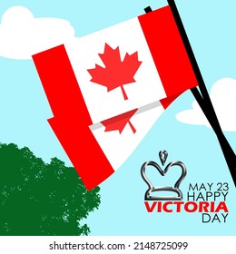 Canadian flags flying in cloudy sky with tree and bold texts with queen crown icon, Victoria Day in Canada May 23