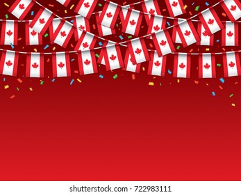 Canadian flags garland Red background with confetti, Hanging bunting for Canada Day celebration banner, Vector illustration