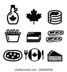 Canadian food icons - maple syrup, poutine, nanaimo bar, beaver tale, tourtiÃ?Â¨re 