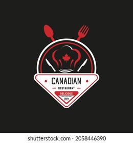 Canadian Food Restaurant Logo. Canada flag symbol with a Maple leaf, Spoon, Knife, and Fork icons. Premium and Luxury Logo