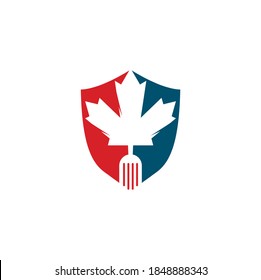 Canadian food shield shape concept logo concept design. Canadian food restaurant logo concept. Maple leaf and fork icon	