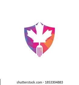 Canadian food shield shape concept logo concept design. Canadian food restaurant logo concept. Maple leaf and fork icon