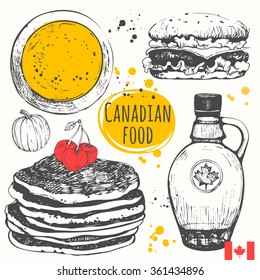 Canadian food in the sketch style.  Main course and snacks. American traditional products. Vector illustration of ethnic cooking: pumpkin soup, pancakes, burger, maple syrup.