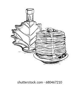 Canadian food in the sketch style.Vector illustration of ethnic cooking:pancakes,maple syrup.Great for menu, poster or label.