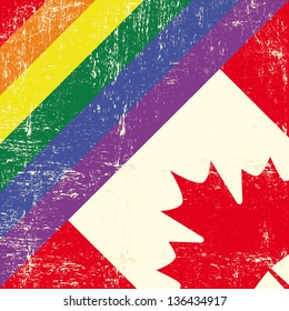 canadian and gay grunge Flag. Mixed grunge gay flag with canadian flag.