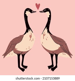Canadian geese couple, cute Valentine's Day illustration card with two geese in love with each other