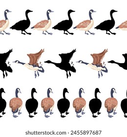 Canadian geese. Seamless border. Black silhouettes. Vintage set of birds. Vector illustration on a white background.