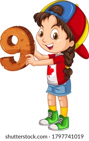 Canadian girl wearing cap holding math number nine illustration
