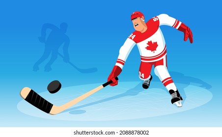 Canadian ice hockey player runs for the puck. Hockey player striker during the match. Vector cartoon illustration.