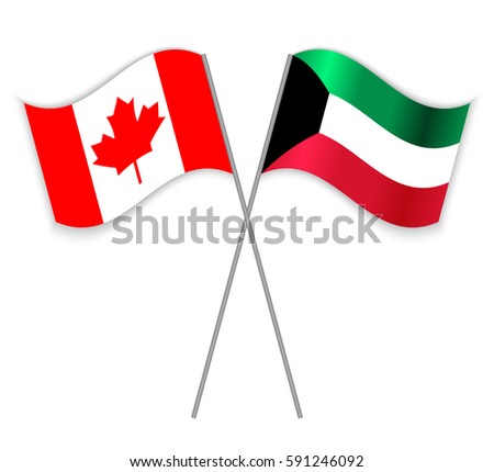 Canadian and Kuwaiti crossed flags. Canada combined with Kuwait isolated on white. Language learning, international business or travel concept.