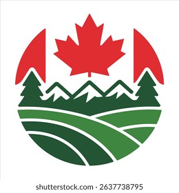 Canadian Landscape Badge with Maple Leaf, Mountains, and Forest Vector	
