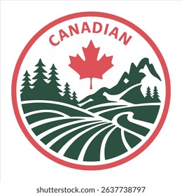 Canadian Landscape Badge with Maple Leaf, Mountains, and Forest Vector	
