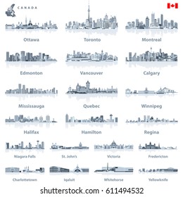 Canadian largest cities and all states capitals skylines in tints of blue color palette with water reflections; map and flag of Canada