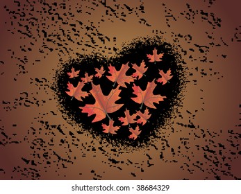 canadian leaves with isolated black grunge heart, vector wallpaper