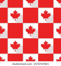 Canadian long shadow vector seamless pattern. Maple leaves on chess background in red and white colors. Best for textile, wallpapers, decoration, wrapping paper, package and web design.