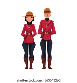 Canadian male and female policeman in traditional uniform - scarlet tunic and breeches, cartoon vector illustration isolated on white background. Couple of young Canadian mounted policemen