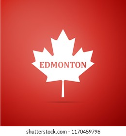 Canadian maple leaf with city name Edmonton icon isolated on red background. Flat design. Vector Illustration