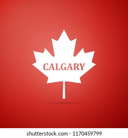 Canadian maple leaf with city name Calgary icon isolated on red background. Flat design. Vector Illustration