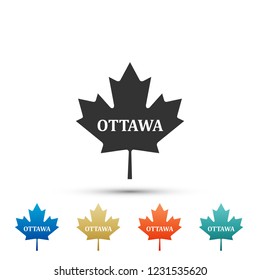 Canadian maple leaf with city name Ottawa icon isolated on white background. Set elements in colored icons. Flat design. Vector Illustration