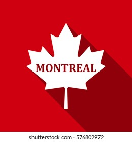 Canadian maple leaf with city name Montreal flat icon with long shadow. Vector Illustration