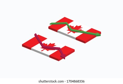 Bandera 3D de hoja de arce canadiense con un gráfico de flechas yendo y viniendo hacia arriba.