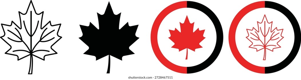Canadian Maple Leaf Icon Collection com contorno e estilos sólidos em vermelho e preto National Symbol Design Vetor