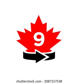Canadian Maple Leaf Logo Design On Letter 9 Template. Red Maple Canadian Logotype With 9 Letter Vector