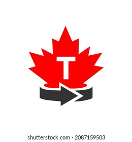Canadian Maple Leaf Logo Design On Letter T Template. Red Maple Canadian Logotype With T Letter Vector