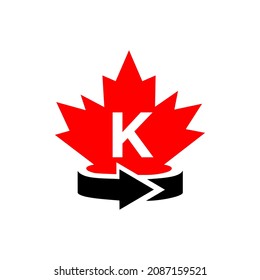 Canadian Maple Leaf Logo Design On Letter K Template. Red Maple Canadian Logotype With K Letter Vector
