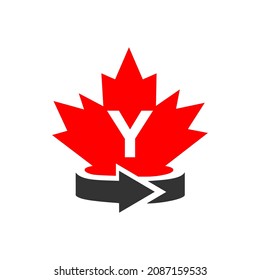 Canadian Maple Leaf Logo Design On Letter Y Template. Red Maple Canadian Logotype With Y Letter Vector
