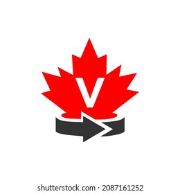 Diseño De Logotipo De Hoja De Maple Canadiense En Plantilla De Letra V. Logotipo canadiense de arce rojo con vector de letras V