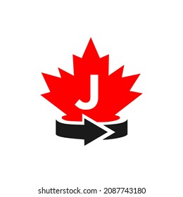 Kanadisches Ahornleaf Logo Design auf Buchstabe J Vorlage. roter Ahorn, kanadischer Logotyp mit J-Letter-Vektorgrafik