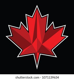 A Canadian maple leaf in a low poly style with a thick white outline over a black background in vector format.