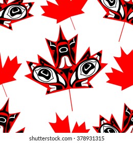 Canadian  Maple Leaf In Native Art On White Background Seamless Pattern