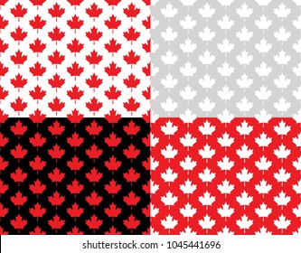 Canadian Maple Leaf Seamless Vector Pattern Tiles in Red, Black, White and Silver Gray. Set of Canada Day July 1st Party Celebration Backgrounds. Repeating Pattern Tile Swatches Included.