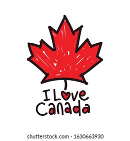 Canadian maple leaf and slogan I love canada. Fashionable print for a t-shirt. Hand drawn doodle vector