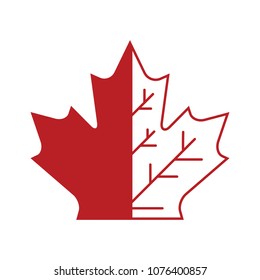 A Canadian maple leaf symbol with half in outline form in vector formt.