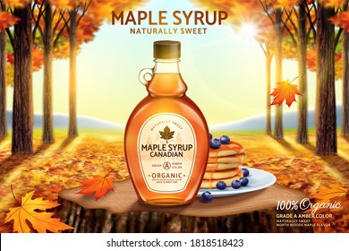 Canadian maple syrup ad with bottle mockup set on romantic autumn forest background, 3d illustration