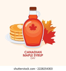 Vector del Día del Jarabe de arce canadiense. Botella de jarabe y hojas de arce dibujando. Panqueques con jarabe de arce desayuno aún símbolo de la vida vector. Día importante