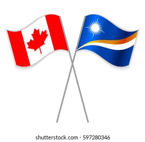 Canadian and Marshallese crossed flags. Canada combined with Marshall Islands isolated on white. Language learning, international business or travel concept.